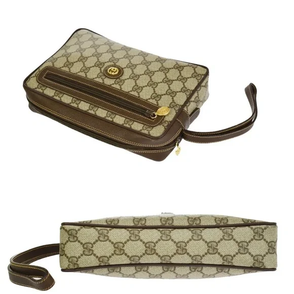 #3 GUCCI GG PATTERN SHERRY CLUTCH BAG PVC LEATHER BROWN USED - LIVE SHOW! - Picture 5 of 10